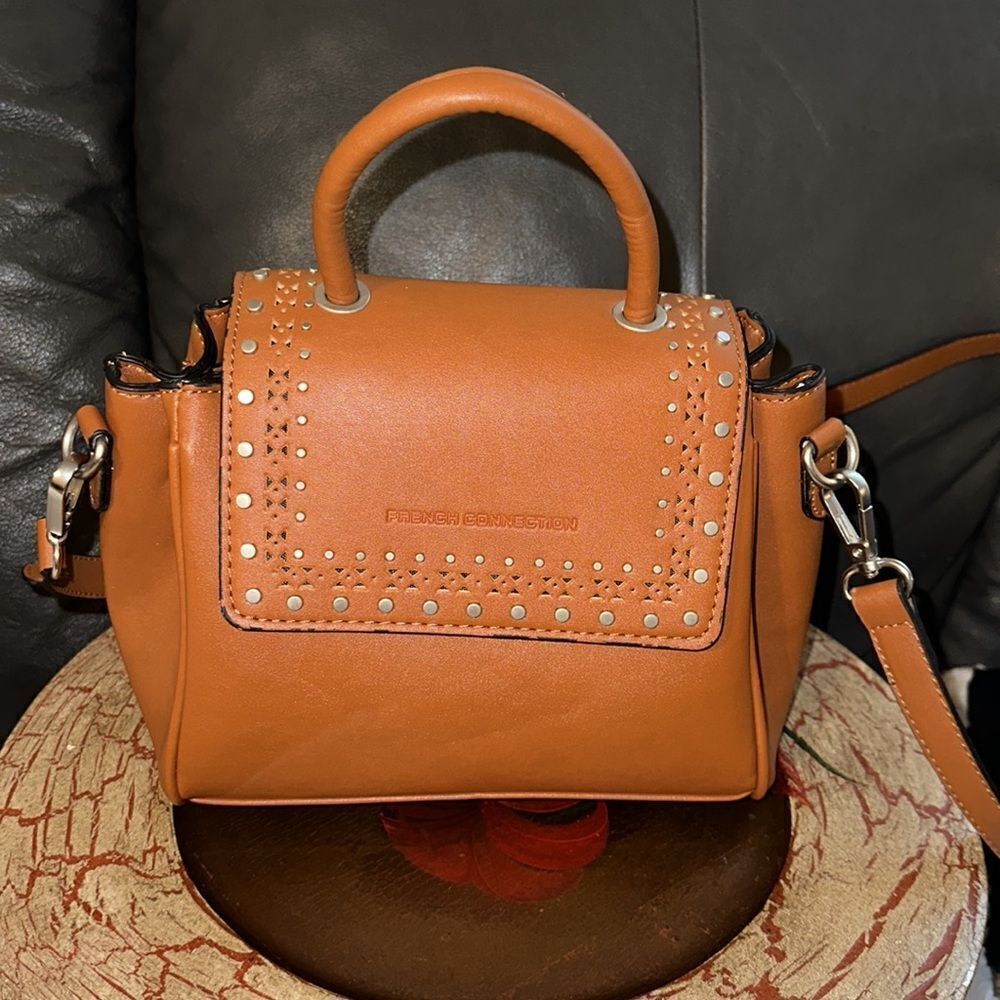 FC Bellita Caramel Brown Faux Leather Studded Laser Cut Crossbody Bag Top Handle